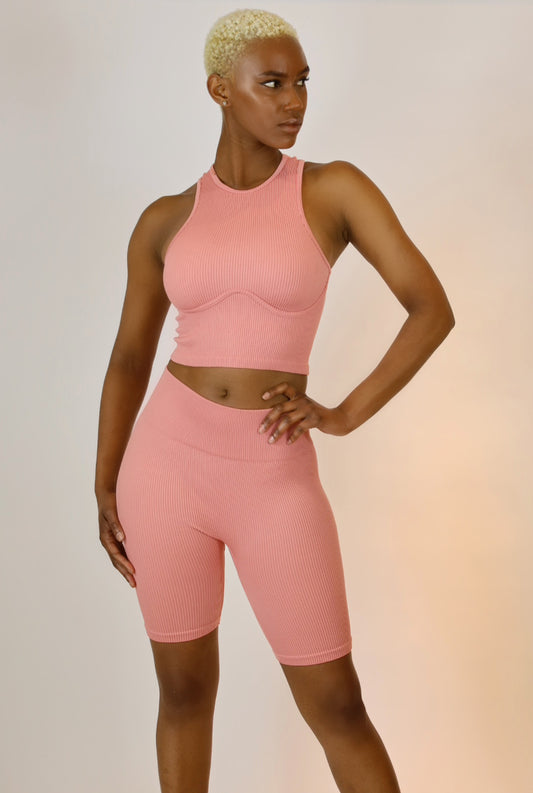 Tye Ribbed Short Set -Rose - FINAL SALE